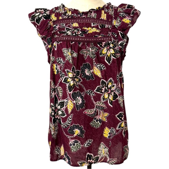 LOFT Tops - LOFT Floral Ruffle Sleeve Blouse Eggplant Purple Boho Top Size Large